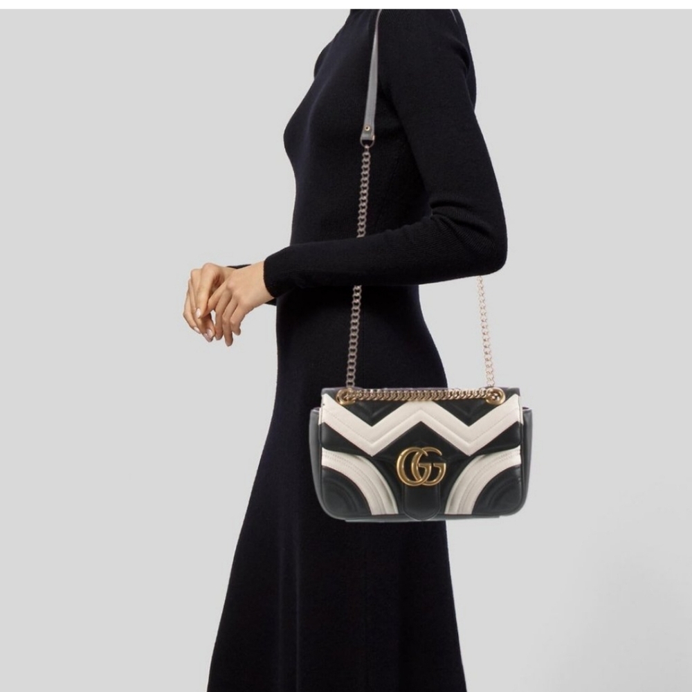 Gucci Marmont GG Black White Chevron Matelasse Leather Fold Over Flap Bag - Picture 10 of 10